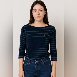 Vintage Hunt Club Navy & Green Striped Long Sleeve Top | Size Small